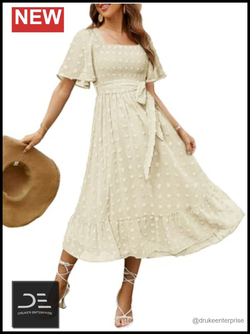 Women's Boho Flowy Midi Dress Square Neck Smocked Swiss Dot A-Line